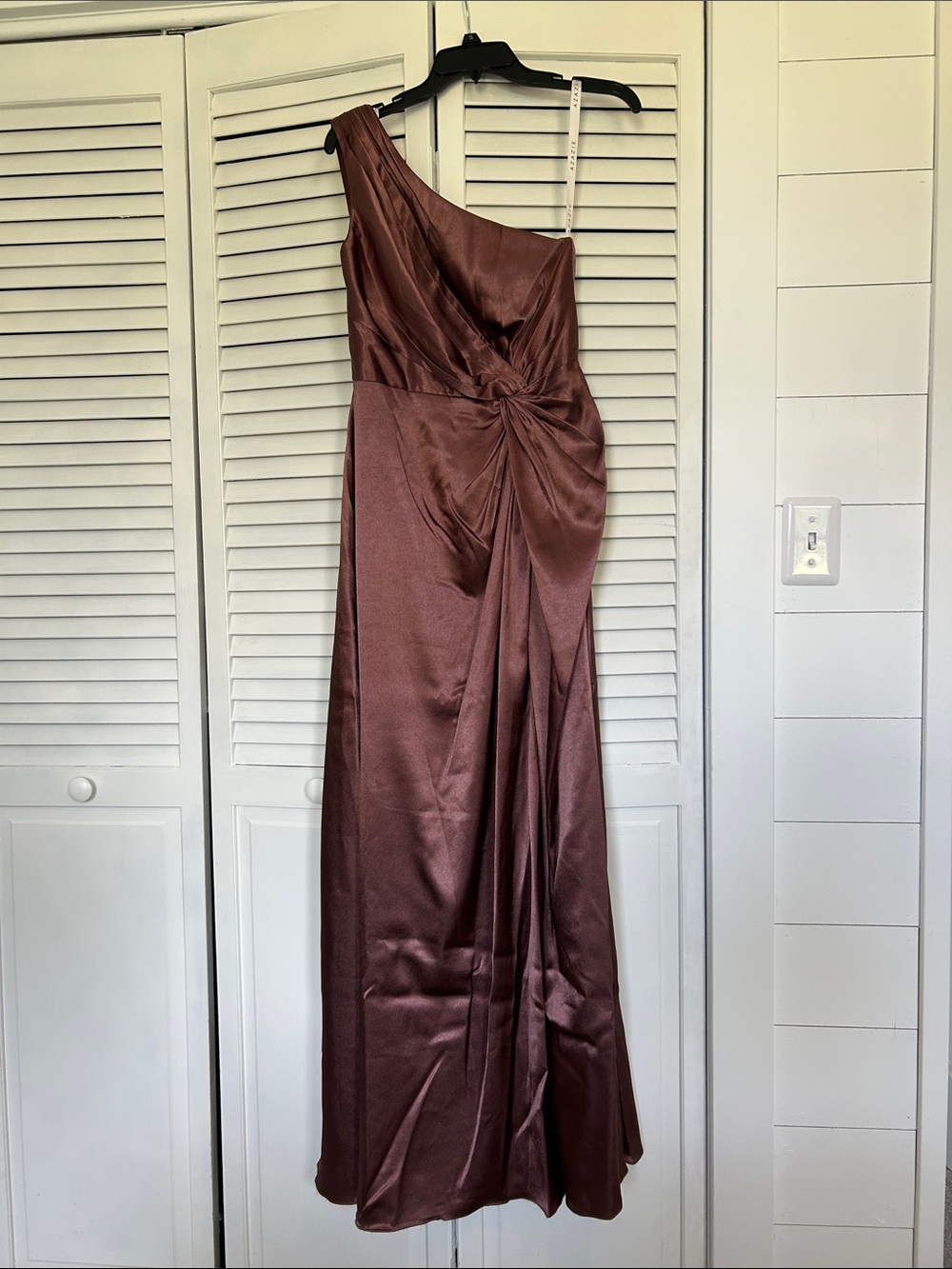 Azazie One-Shoulder Satin Gown in Deep Brown